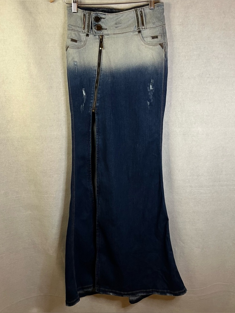Pit Bull Women's Skirt Denim Distressed‎ Two Tone Front Slit 26 Inch Waist NWOT